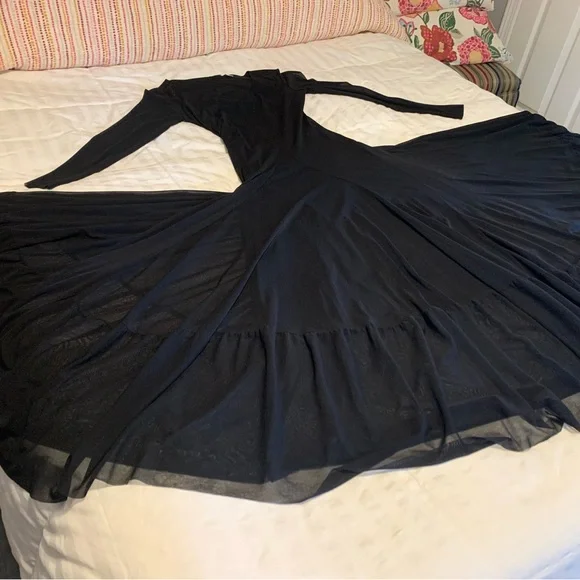 Vintage black nylon floor length dress. Sheer sleeves. Lined to the knee. Size 6 - Picture 2 of 7